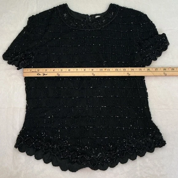 Vintage Black Beaded Short Sleeve Women's Top - Picture 6 of 12